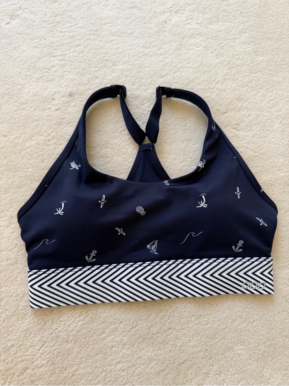 Lorna Jane Navy Nautical Print Bikini Top with Black-and-White Band